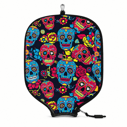 Colorful skull patterned pickleball paddle cover on a white background