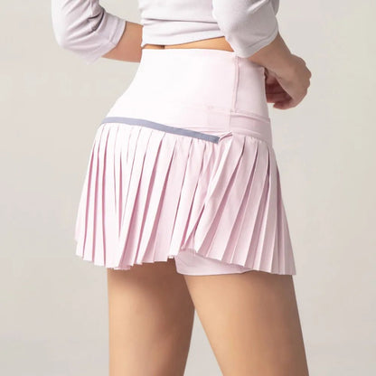 Summer Women Tennis Pleated Skirt With Inner Lining High Waist Double Layer Design Sport Sexy Fitness Yoga Dancing Shorts - light pink S - Club Rehab