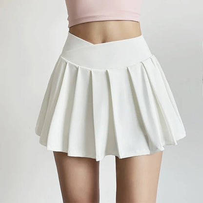 Summer Women Tennis Pleated Skirt With Inner Lining High Waist Double Layer Design Sport Sexy Fitness Yoga Dancing Shorts - DK01 white S - Club Rehab