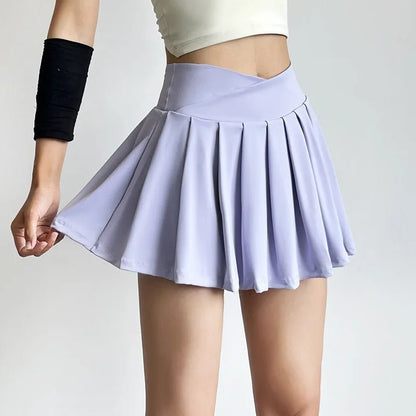 Summer Women Tennis Pleated Skirt With Inner Lining High Waist Double Layer Design Sport Sexy Fitness Yoga Dancing Shorts - DK01 light purple S - Club Rehab