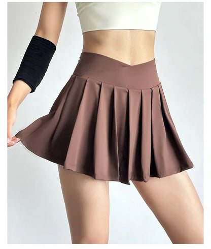 Summer Women Tennis Pleated Skirt With Inner Lining High Waist Double Layer Design Sport Sexy Fitness Yoga Dancing Shorts - DK01 coffee S - Club Rehab