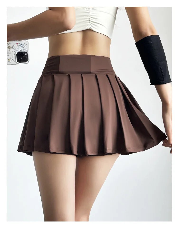 Summer Women Tennis Pleated Skirt With Inner Lining High Waist Double Layer Design Sport Sexy Fitness Yoga Dancing Shorts - DK01 coffee S - Club Rehab