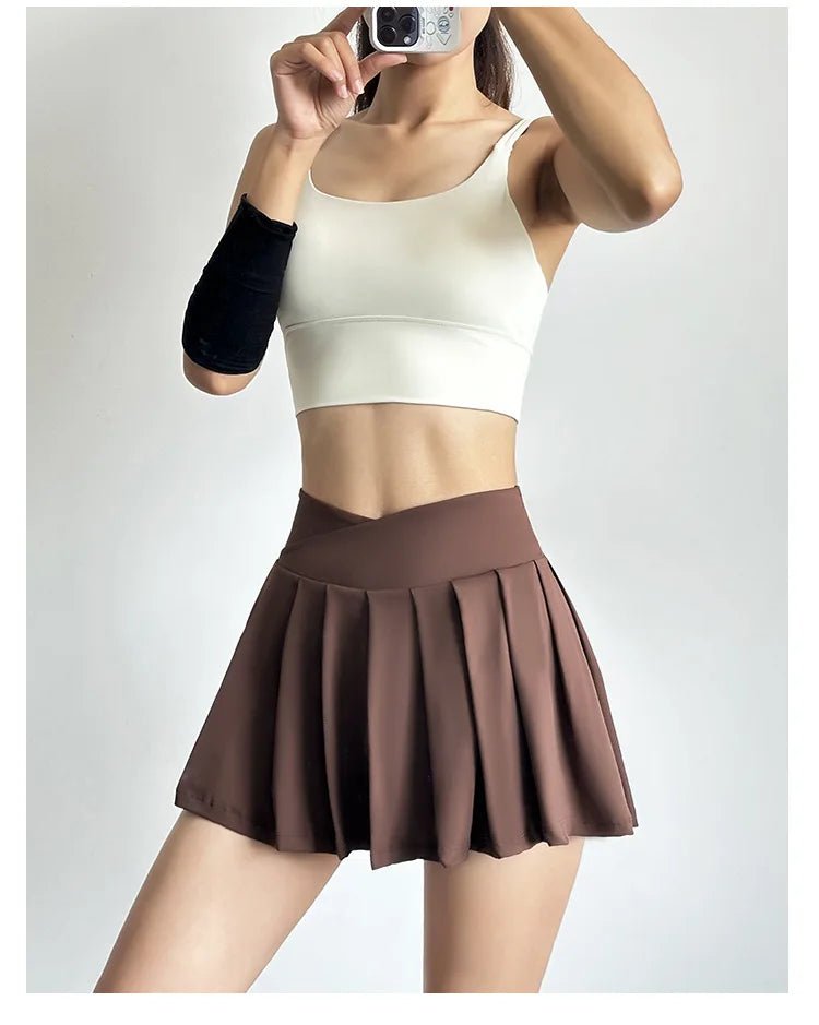 Summer Women Tennis Pleated Skirt With Inner Lining High Waist Double Layer Design Sport Sexy Fitness Yoga Dancing Shorts - DK01 coffee S - Club Rehab