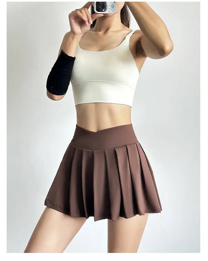Summer Women Tennis Pleated Skirt With Inner Lining High Waist Double Layer Design Sport Sexy Fitness Yoga Dancing Shorts - DK01 coffee S - Club Rehab