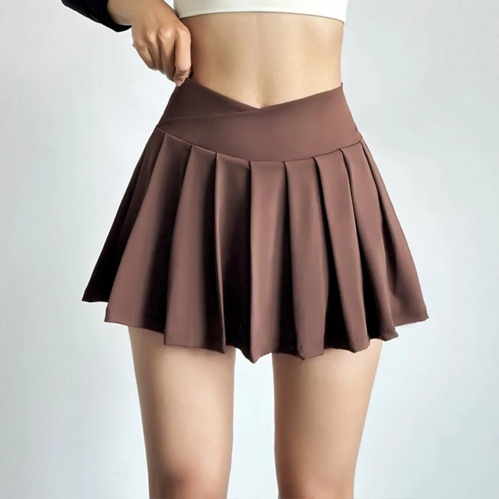 Summer Women Tennis Pleated Skirt With Inner Lining High Waist Double Layer Design Sport Sexy Fitness Yoga Dancing Shorts - DK01 coffee S - Club Rehab