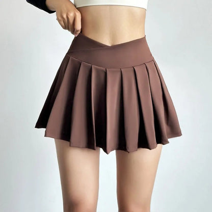 Summer Women Tennis Pleated Skirt With Inner Lining High Waist Double Layer Design Sport Sexy Fitness Yoga Dancing Shorts - DK01 coffee S - Club Rehab
