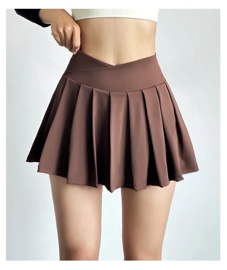 Summer Women Tennis Pleated Skirt With Inner Lining High Waist Double Layer Design Sport Sexy Fitness Yoga Dancing Shorts - DK01 coffee S - Club Rehab