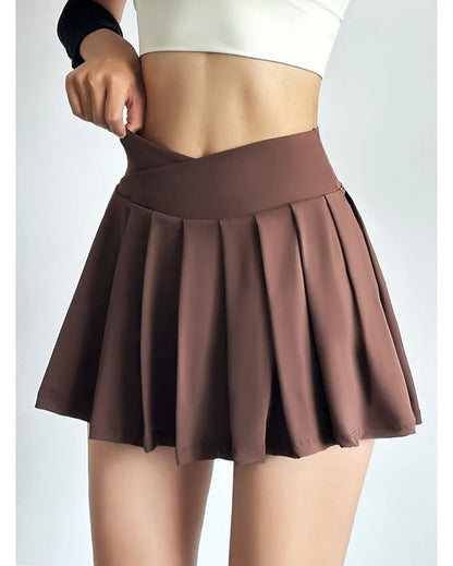 Summer Women Tennis Pleated Skirt With Inner Lining High Waist Double Layer Design Sport Sexy Fitness Yoga Dancing Shorts - DK01 coffee S - Club Rehab