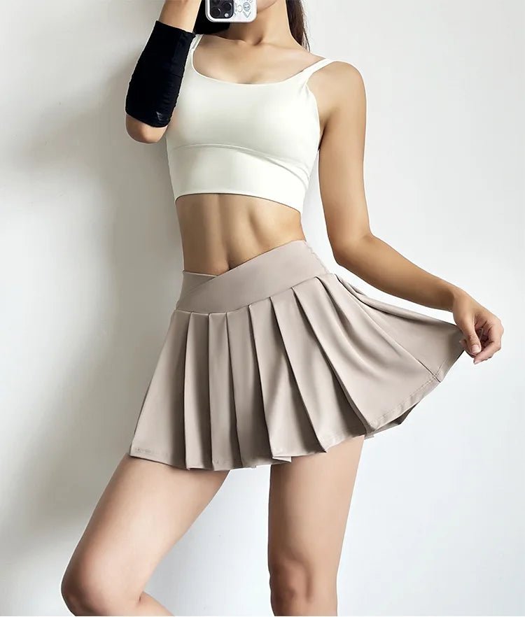 Summer Women Tennis Pleated Skirt With Inner Lining High Waist Double Layer Design Sport Sexy Fitness Yoga Dancing Shorts - DK01 coffee S - Club Rehab