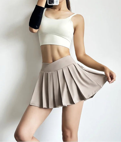 Summer Women Tennis Pleated Skirt With Inner Lining High Waist Double Layer Design Sport Sexy Fitness Yoga Dancing Shorts - DK01 coffee S - Club Rehab