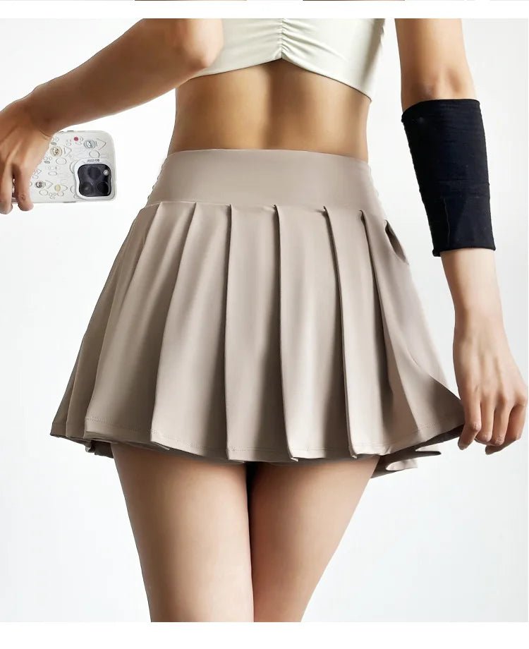 Summer Women Tennis Pleated Skirt With Inner Lining High Waist Double Layer Design Sport Sexy Fitness Yoga Dancing Shorts - DK01 coffee S - Club Rehab