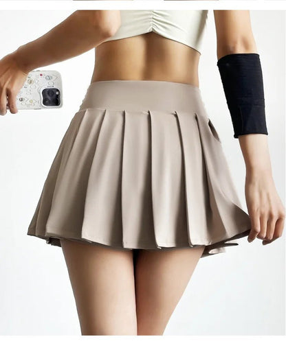 Summer Women Tennis Pleated Skirt With Inner Lining High Waist Double Layer Design Sport Sexy Fitness Yoga Dancing Shorts - DK01 coffee S - Club Rehab