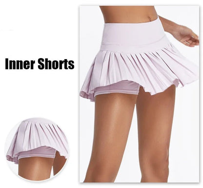 Summer Women Tennis Pleated Skirt With Inner Lining High Waist Double Layer Design Sport Sexy Fitness Yoga Dancing Shorts - DK01 coffee S - Club Rehab
