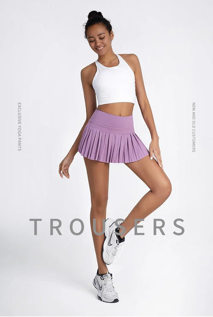 Summer Women Tennis Pleated Skirt With Inner Lining High Waist Double Layer Design Sport Sexy Fitness Yoga Dancing Shorts - DK01 coffee S - Club Rehab