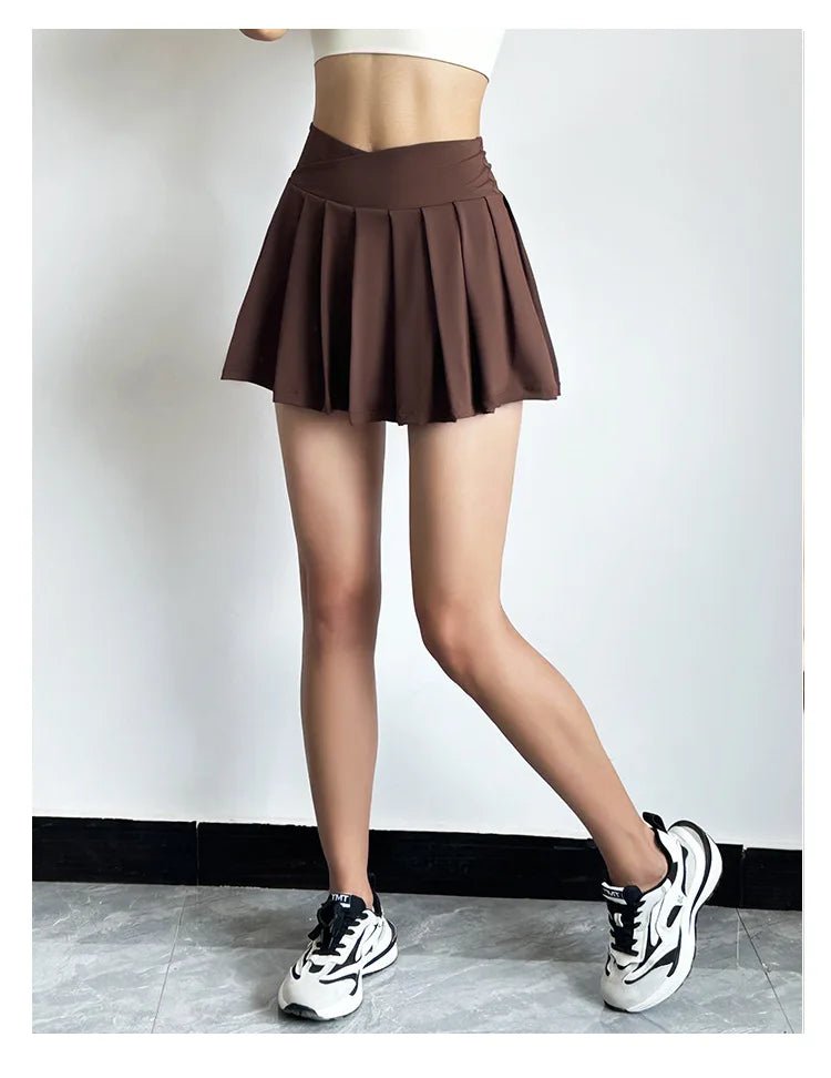 Summer Women Tennis Pleated Skirt With Inner Lining High Waist Double Layer Design Sport Sexy Fitness Yoga Dancing Shorts - DK01 coffee S - Club Rehab