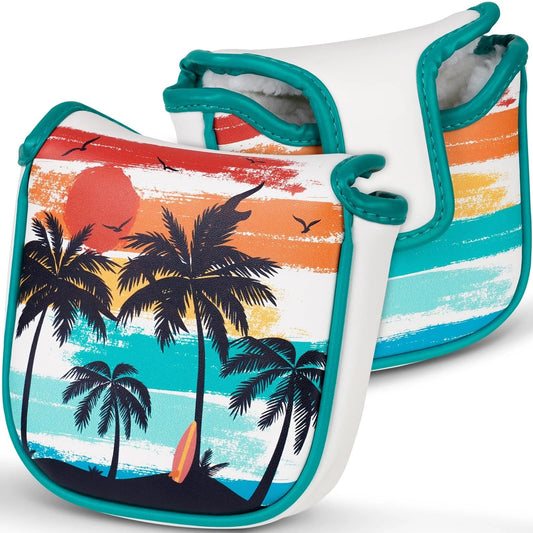 putter head cover with tropical design featuring palm trees and a sunset.