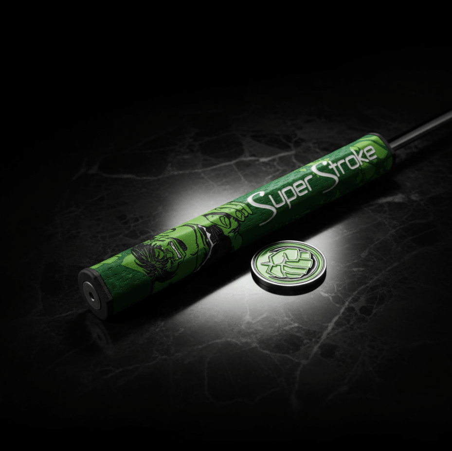Green golf club grip with 'SuperStroke' branding on a dark background