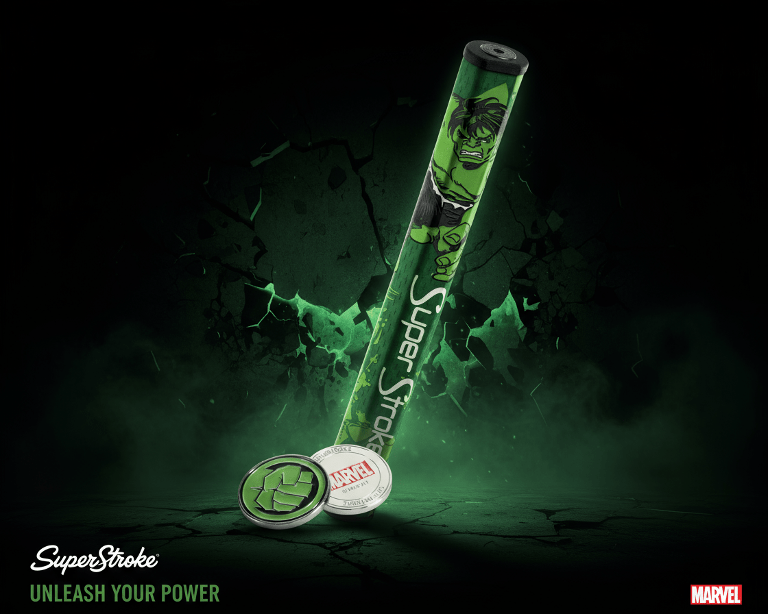 SuperStroke golf putter with Hulk design on a dark background, featuring Marvel branding.
