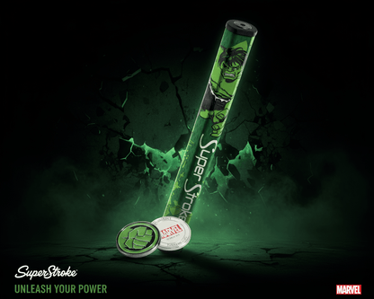SuperStroke golf putter with Hulk design on a dark background, featuring Marvel branding.