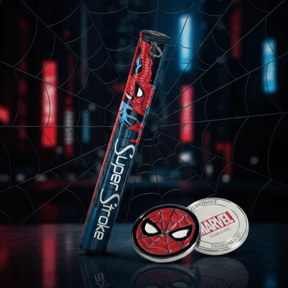 SuperStroke x Spider-Man golf putter and ball on a dark background with 'Swing with Superpower' text.