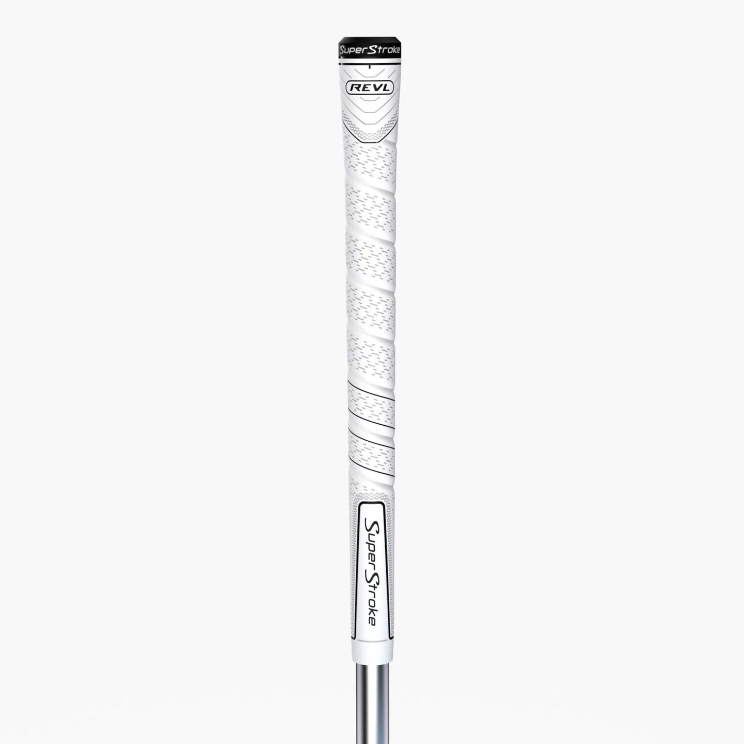 Golf club shaft with 'SuperStroke' and 'REV' branding on a white background