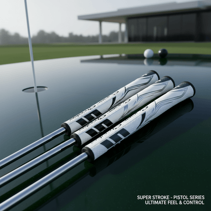 Golf clubs with white and black grips on a reflective surface, with a golf course in the background.