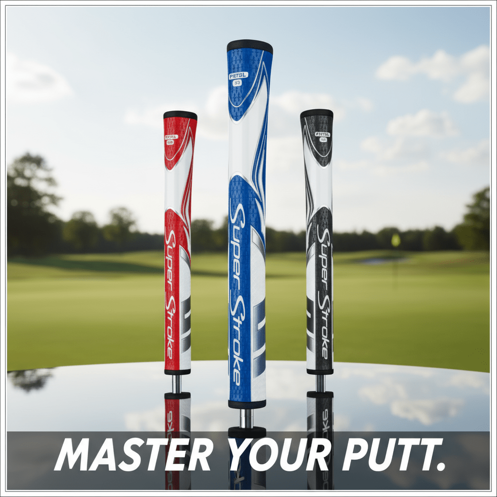 Three golf club grips with 'SuperStroke' branding on a reflective surface with a golf course background.