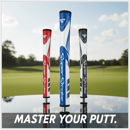Three golf club grips with 'SuperStroke' branding on a reflective surface with a golf course background.