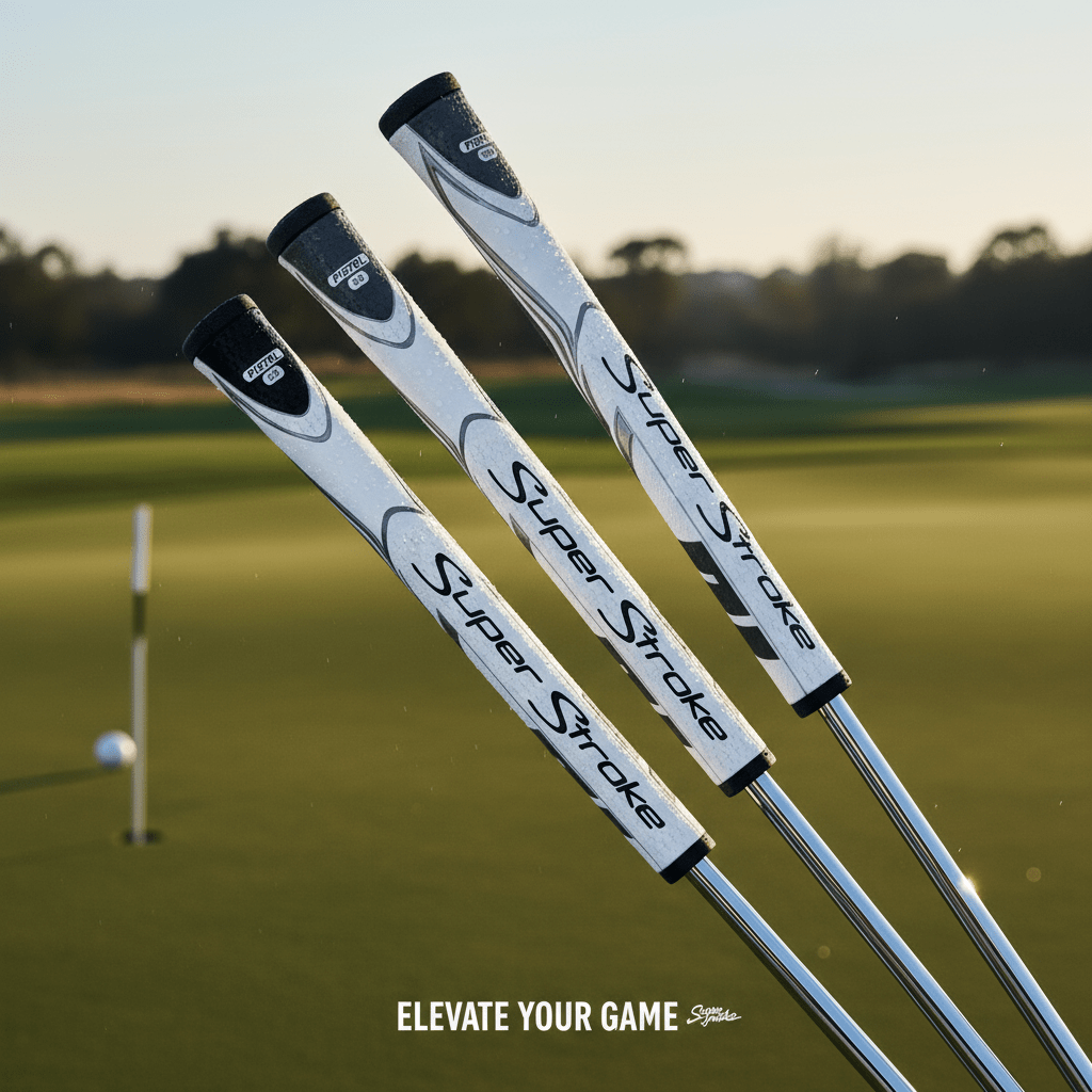 Three Super Stroke golf club heads on a golf course with a sunset background.