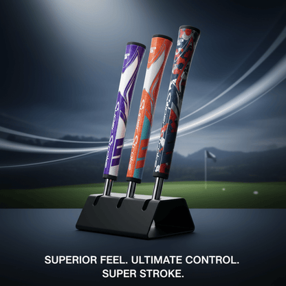 Three golf grips on a stand with a blurred golf course background