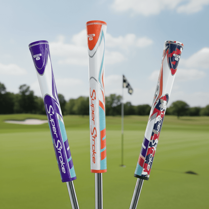 Three golf club shafts with colorful grips on a golf course background
