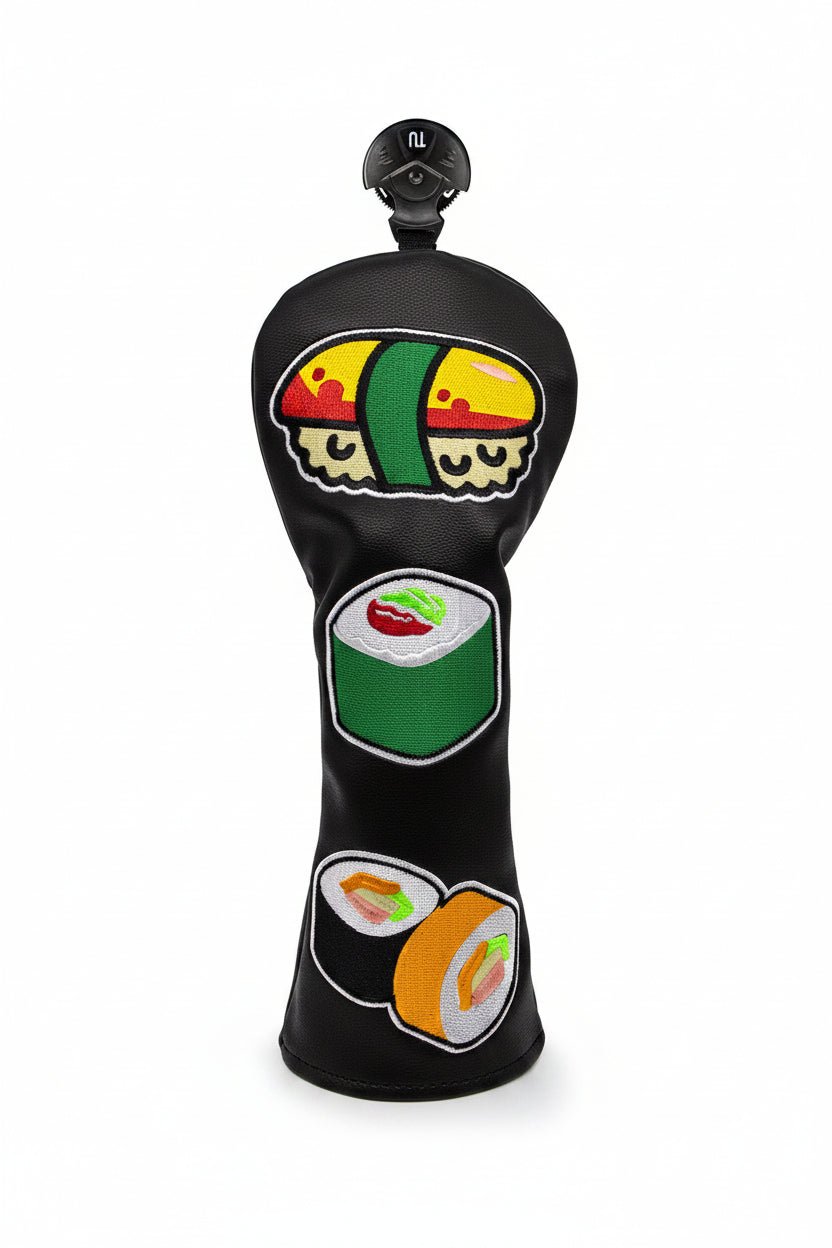 Black golf club head cover with sushi design on a white background