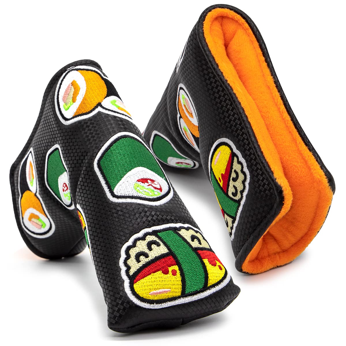 Golf club head covers with sushi design on a white background