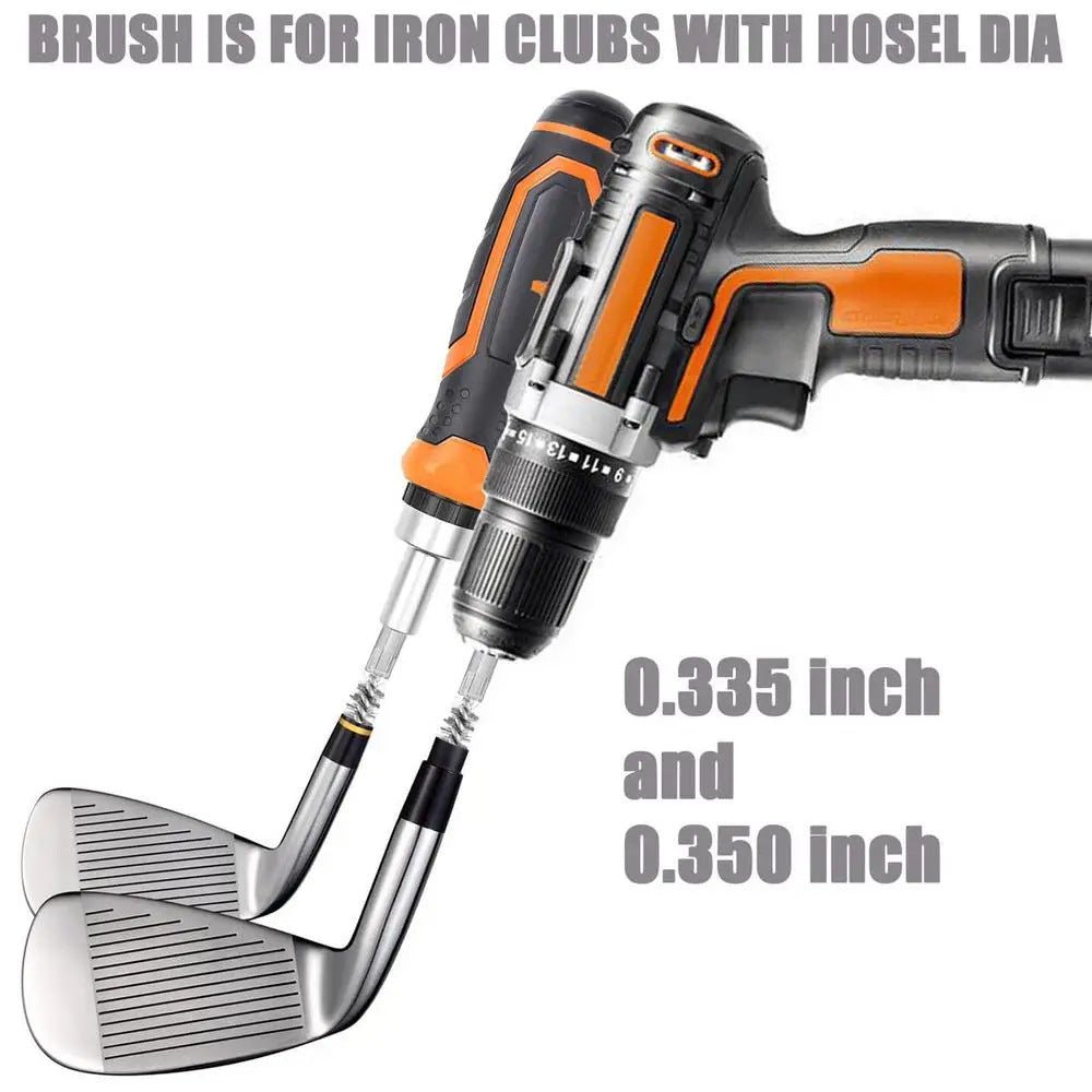 Golf drill tool with golf clubs attached on a white background