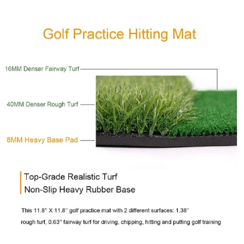 SwingFling Golf Practice Set - Club Rehab - Chipping NetA close - up image of a golf practice hitting mat, showcasing its three layers: 16mm denser fairway turf, 40mm denser rough turf, and an 8mm heavy rubber base pad. The mat measures 11.8” x 11.8” and features two distinct surfaces for realistic practice, suitable for driving, chipping, hitting, and putting. The top - grade realistic turf and non - slip heavy rubber base provide a durable and stable practice area, replicating fairway and roug