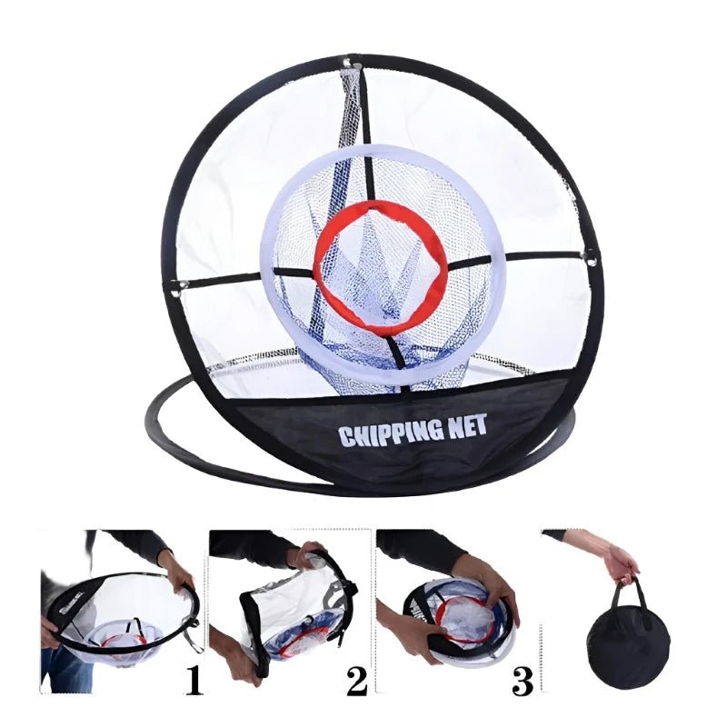 SwingFling Golf Practice Set - Club Rehab - Chipping NetA detailed image of a golf chipping net with three target pockets, labeled "Chipping Net," designed for improving swing and chipping accuracy. Below the net, three smaller images illustrate the net's easy folding process: collapsing the net, folding it into a compact size, and carrying it with a convenient handle. The net is perfect for practice sessions in various settings such as the backyard, park, garage, or basement, and includes a por