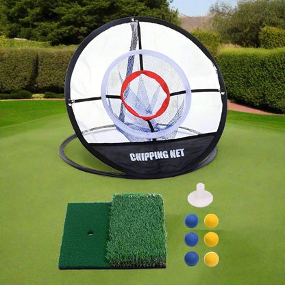 SwingFling Golf Practice Set - Club Rehab - Chipping NetA comprehensive golf training set featuring a black circular chipping net with three target pockets, a dual turf hitting mat simulating fairway and rough conditions, a rubber tee, and six foam training balls in blue and yellow. The net is labeled "Chipping Net" and is designed for enhancing swing and chipping skills, perfect for practice sessions in various settings such as the backyard, park, garage, or basement.