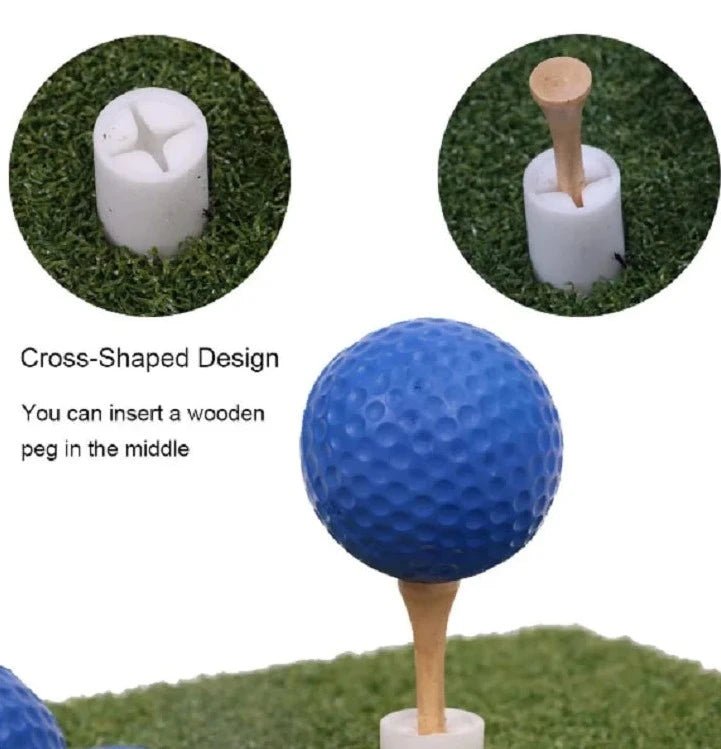 SwingFling Golf Practice Set - Club Rehab - Chipping NetA close - up image of a golf practice setup featuring a cross - shaped rubber tee holder on a turf mat. The rubber tee has a slot designed to hold a wooden tee in the center. In one inset image, the rubber tee holder is shown without a wooden tee, and in another inset, it is shown with a wooden tee inserted. The main image shows a blue foam golf ball placed on the wooden tee, highlighting the versatility and stability of the design for effe