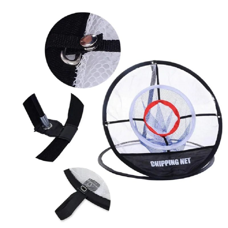 SwingFling Golf Practice Set - Club Rehab - Chipping NetA detailed image of a golf chipping net with three target pockets, labeled "Chipping Net." The image includes close - up insets showing the net's durable construction: a reinforced metal frame, secure net attachment with metal grommets, and sturdy fabric straps. The main image displays the full setup of the chipping net, highlighting its design for improving swing and chipping accuracy. This set is ideal for practice in various settings suc