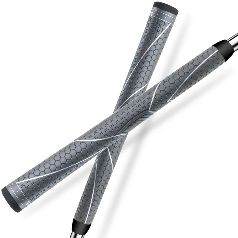 Zwei graue SwingPro AVS-Griffe mit diagonalen Details und Oberflächenstruktur