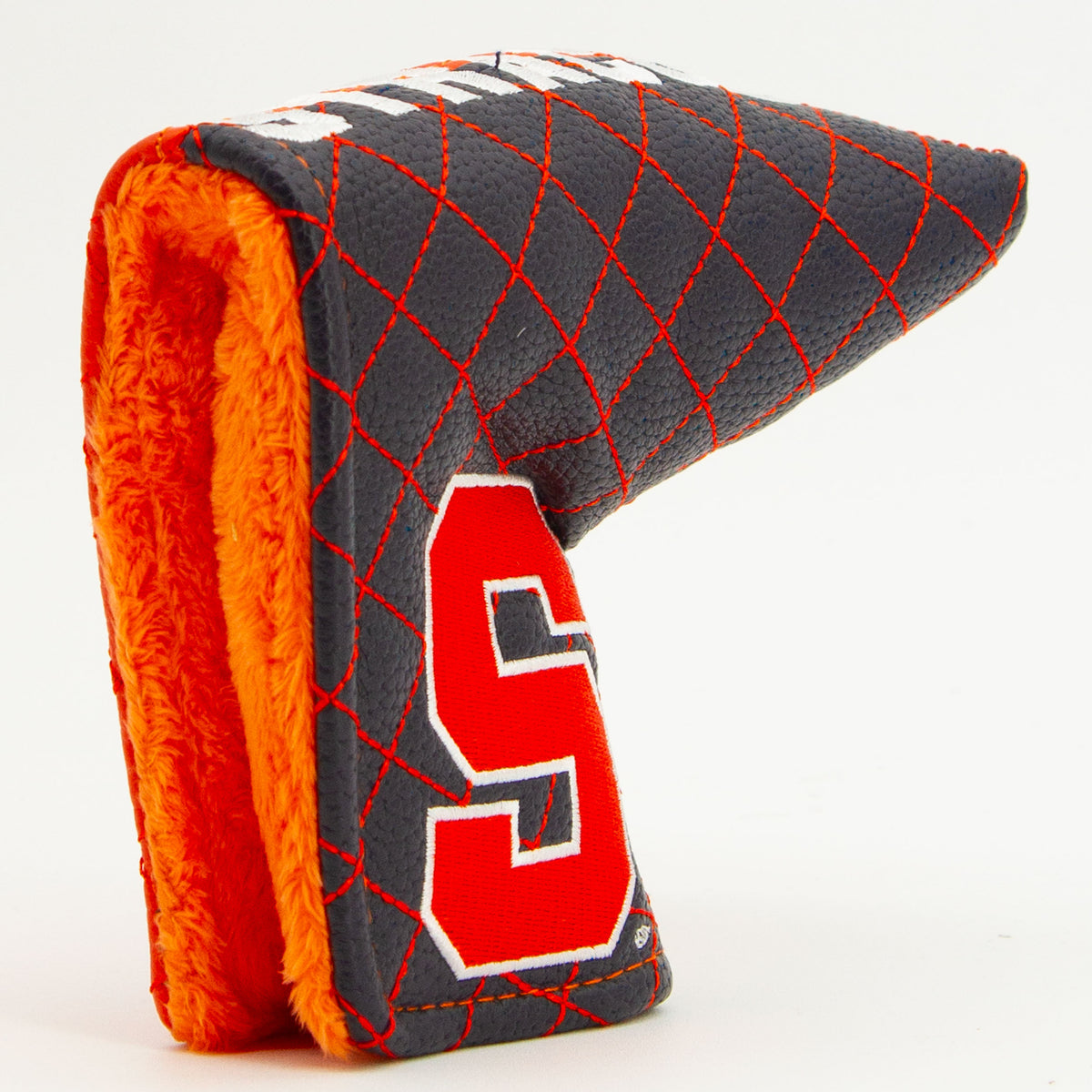 Syracuse Orange Split Quilted Blade Putter Cover, opening detail