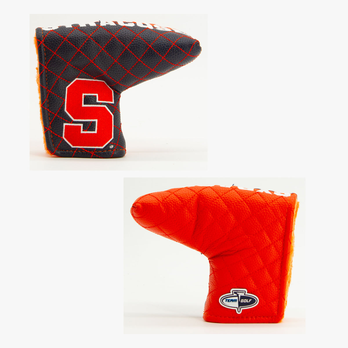 Syracuse Orange Split Quilted Blade Putter Cover, offset front and back views