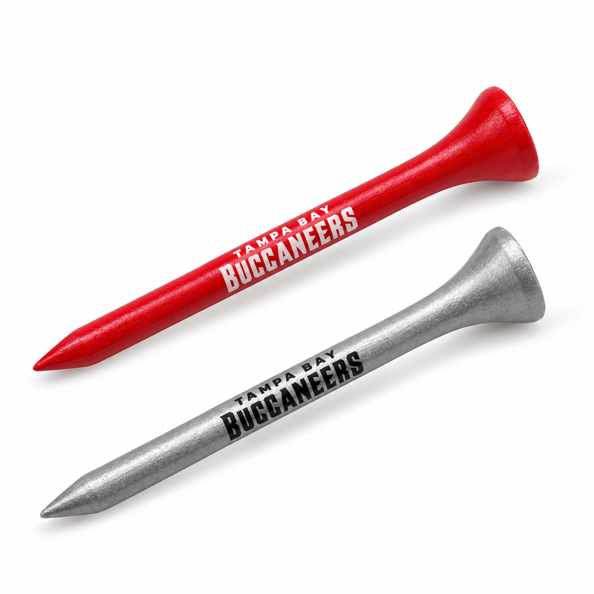 Tampa Bay Buccaneers golf tees in red and metallic silver with team lettering.