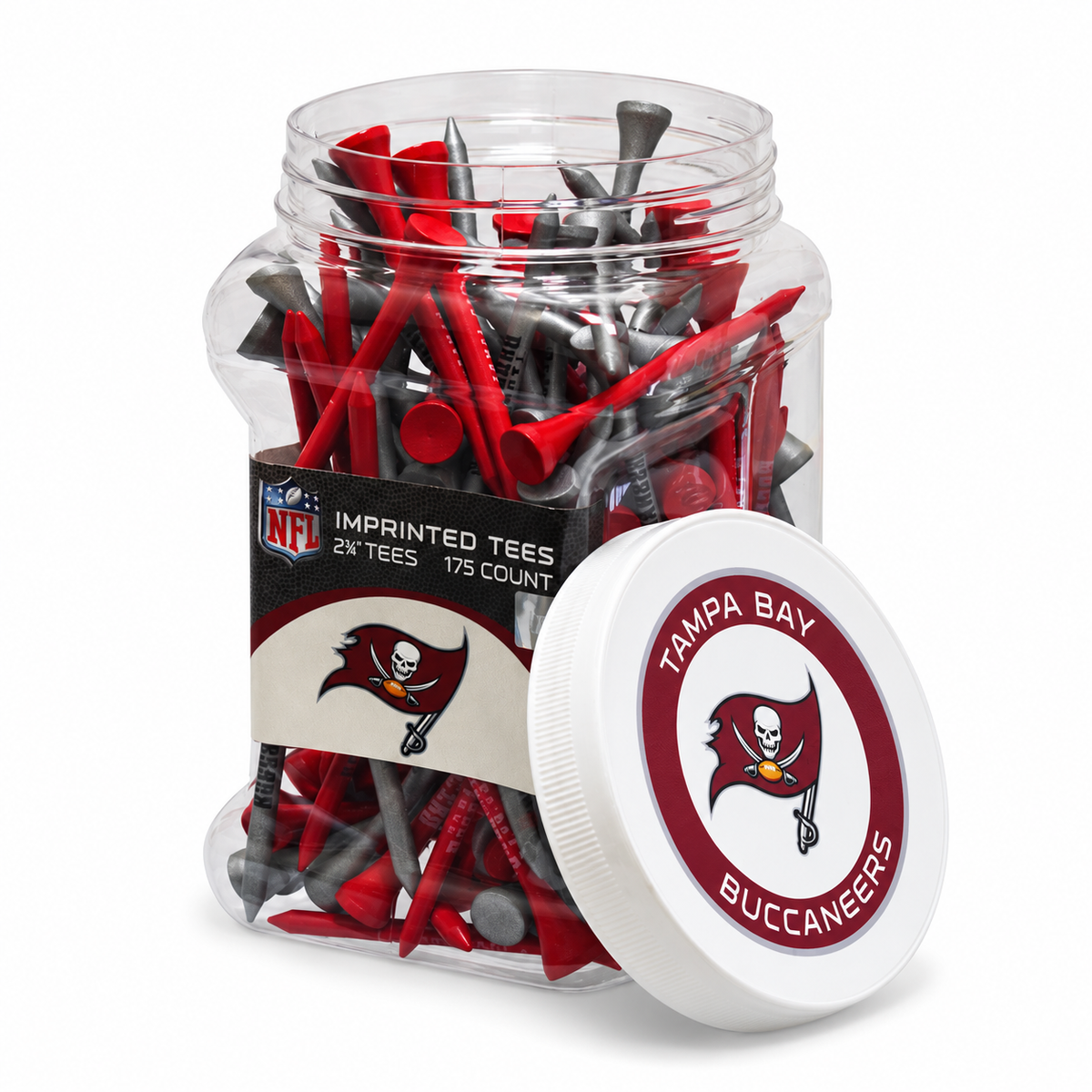 Close-up of the Tampa Bay Buccaneers 175-count tee jar and separate lid.