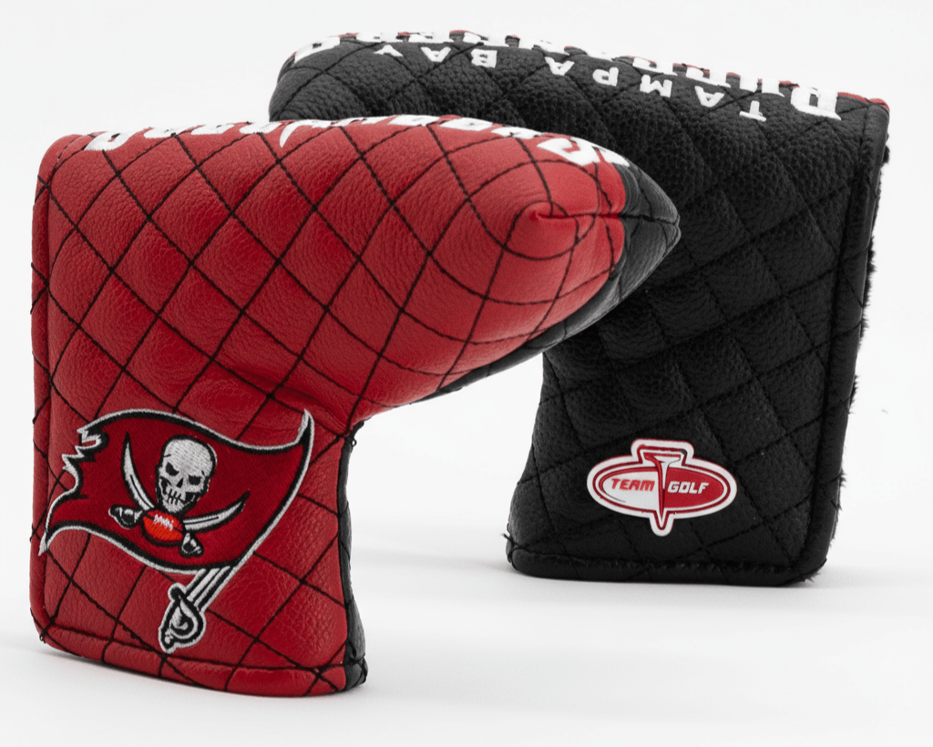 Red and black quilted golf club covers with logos on a white background