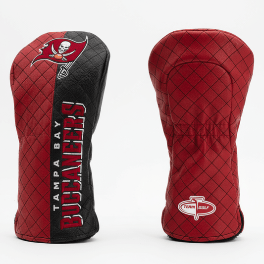 Two golf club head covers, one with Tampa Bay Buccaneers logo and the other red with diamond pattern, on a white background.