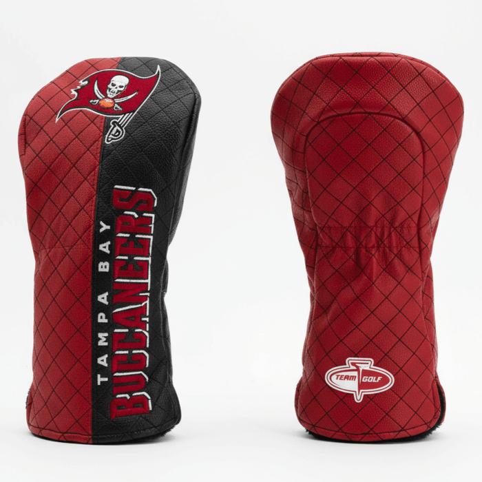 Two golf club head covers, one with Tampa Bay Buccaneers logo and the other red with diamond pattern, on a white background.