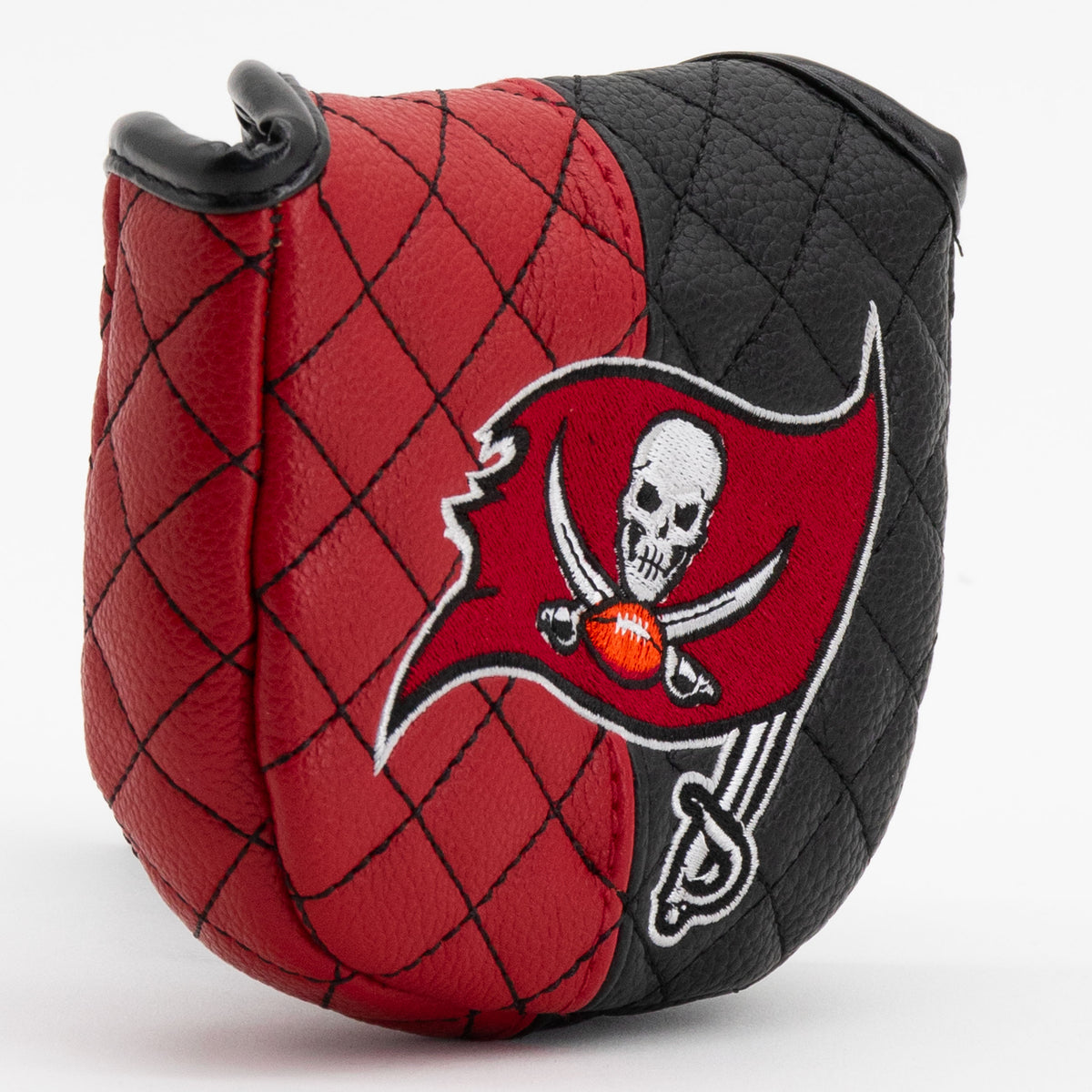 Tampa Bay Buccaneers split quilted mallet putter cover, close-up of the stitching and textured exterior