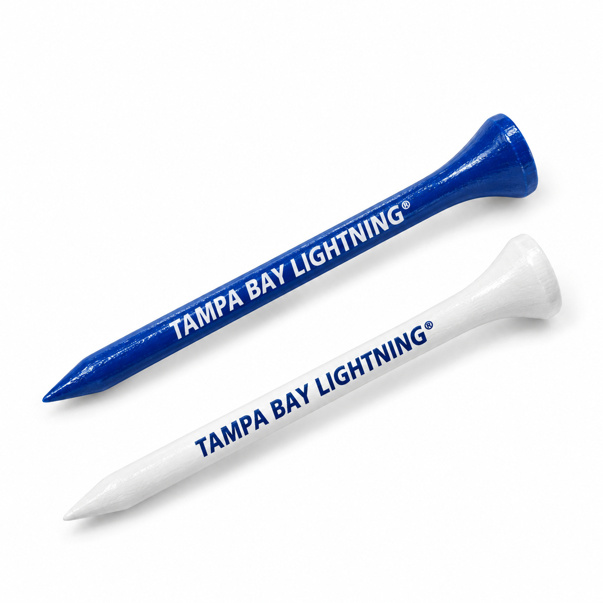 Tampa Bay Lightning golf tees in blue and white with team lettering.