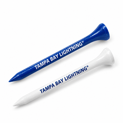 Tampa Bay Lightning golf tees in blue and white with team lettering.
